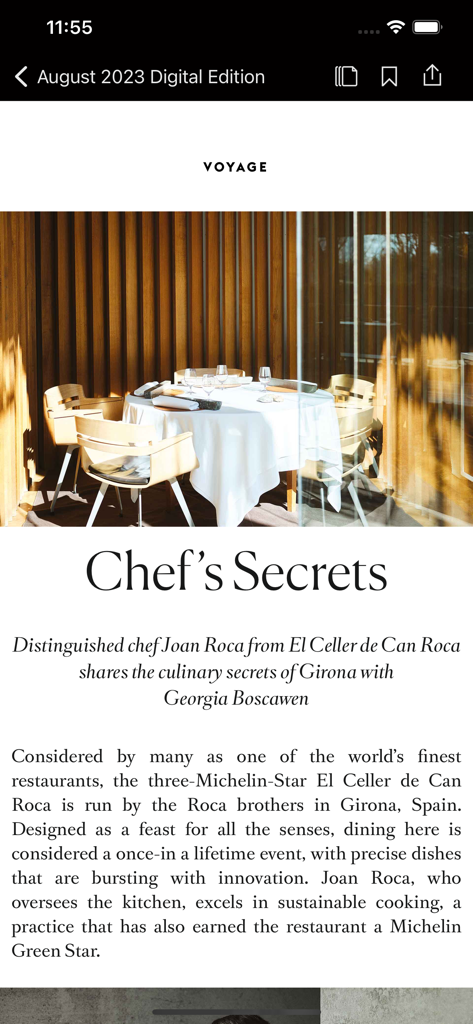 Un articolo sullo stile di vita di lusso intitolato 'Segreti dello Chef' con lo Chef Joan Roca nell'app mobile Boat International