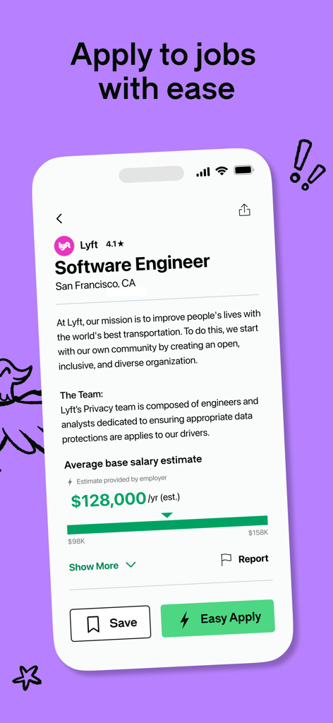 Glassdoor app screenshot showing a software engineer job listing with a salary estimate and easy apply button