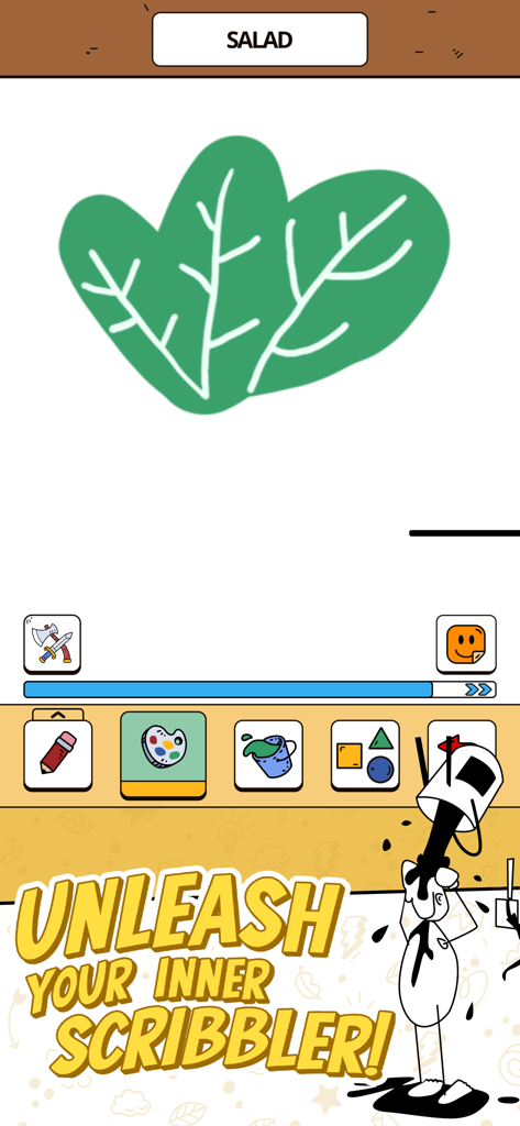 Scribble It! Draw & Guess - Scribble It! Draw and Guess mobile game interface showing a drawing of a salad with various creative tools