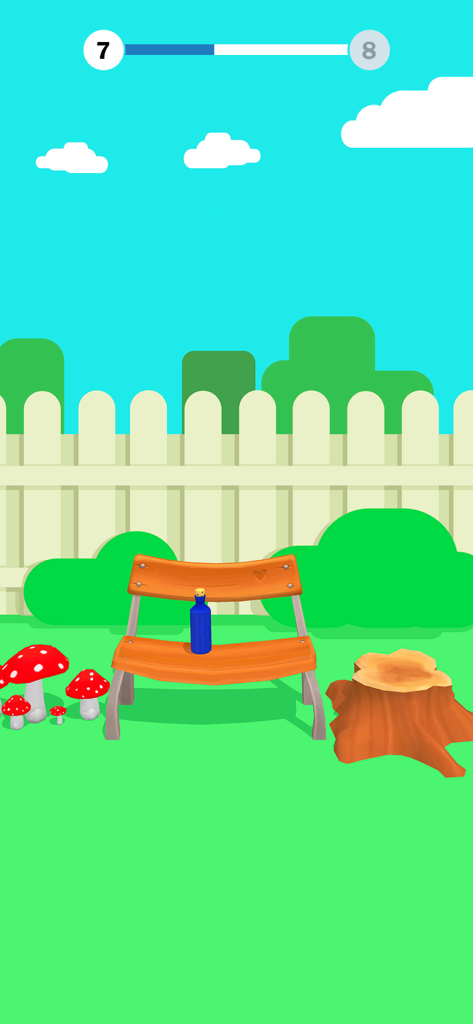 A blue bottle on an orange wooden bench in an outdoor garden level of Bottle Flip 3D