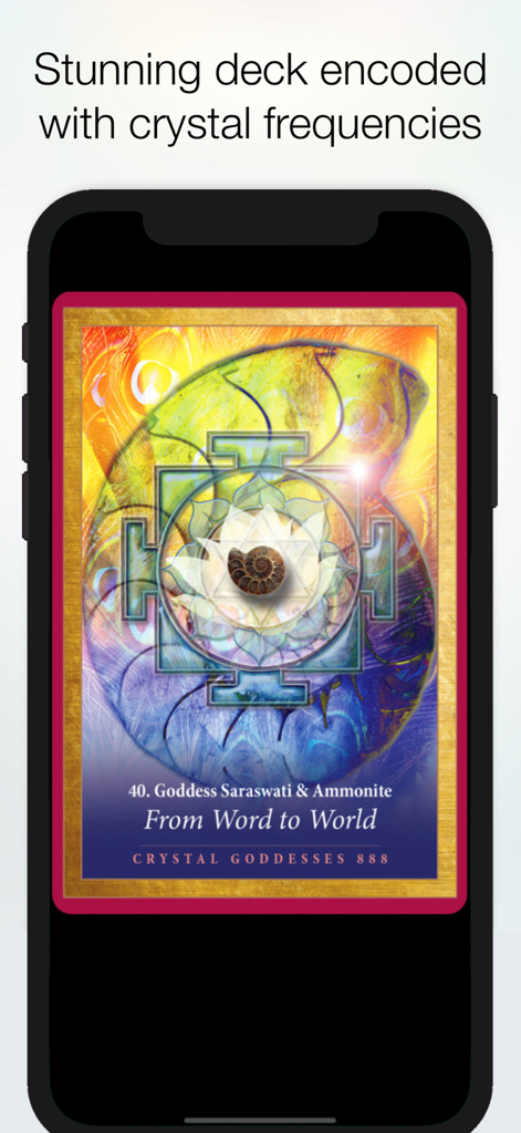 Crystal Mandala Oracle app screen showing the Goddess Saraswati and Ammonite oracle card