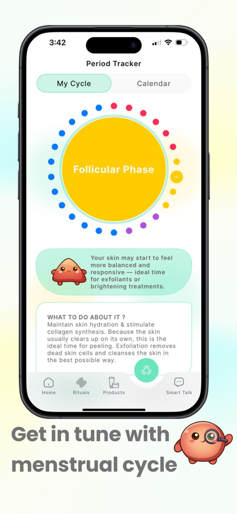 Skin Smart: Smart Beauty - 스킨 스마트 앱 생리 주기 추적기 인터페이스로, 월경 주기의 난포기 동안의 스킨케어 조언 표시