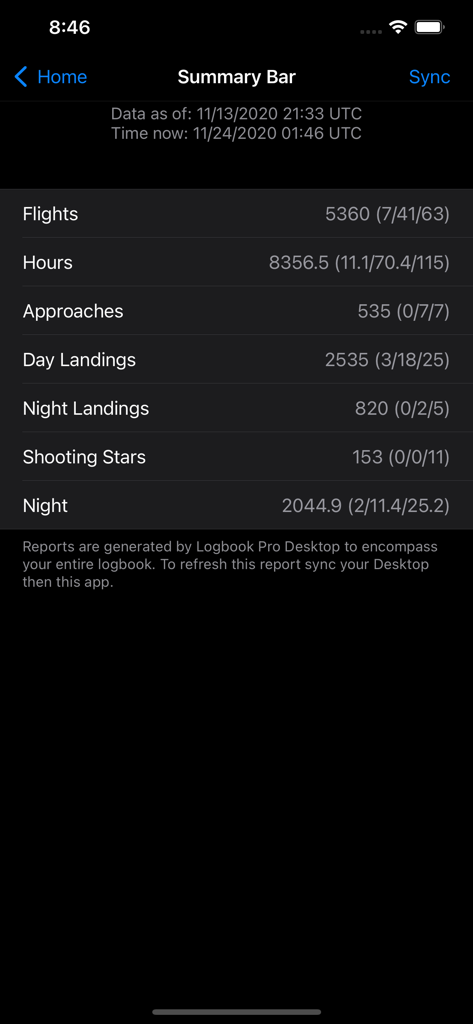 A summary bar screen in the Logbook Pro app showing pilot flight statistics including total hours and landings