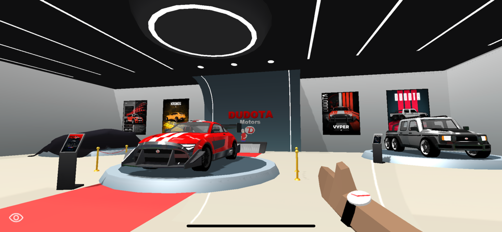 A low-poly car showroom in Dude Theft Wars featuring a red sports car and a white six-wheeled truck