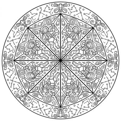 Embark on an interstellar coloring adventure with this unique mandala, celebrating the pioneering spirit of female astronauts. Its intricate design, filled with celestial wonders, offers a relaxing and inspiring artistic journey.