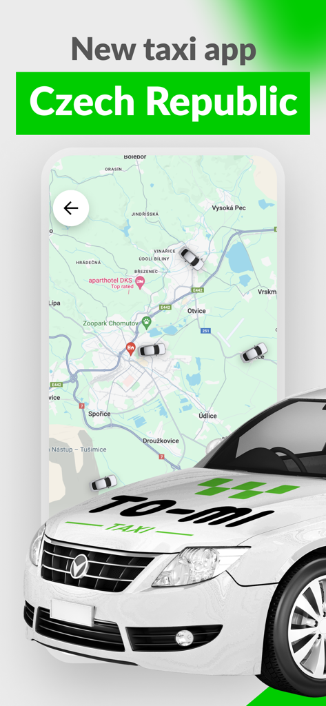 TO-MI: Taxi Czech Republic - Interfaz de la aplicación de taxi TO-MI que muestra las ubicaciones de los coches en tiempo real en un mapa en la República Checa