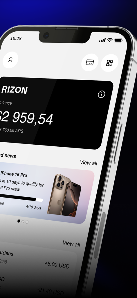 RIZON: Stablecoin Finance - RIZON app dashboard on an iPhone displaying a USD account balance and recent transaction history