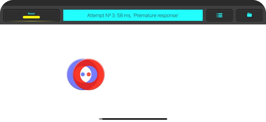 Reaction RMO Pro 앱의 반응 시간 테스트 인터페이스로, 겹쳐진 빨간색과 파란색 원과 58밀리초의 조기 응답 결과가 표시됩니다.