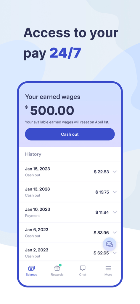 Rain Instant Pay app screen displaying earned wages balance and cash out button