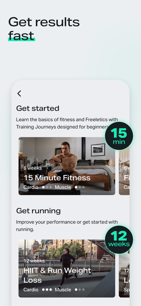 Freeletics app interface showing 15 minute fitness and HIIT running training journeys