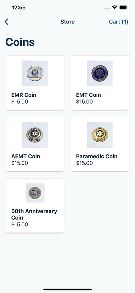 NREMT app store displaying a selection of challenge coins for EMR, EMT, AEMT, and Paramedics