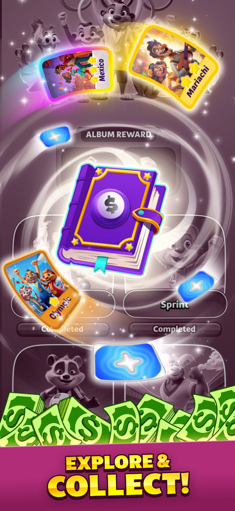 Tile Match - Win Cash - A promotional screen for the Tile Match Win Cash game featuring an album reward book, collectible cards, and stacks of dollar bills.