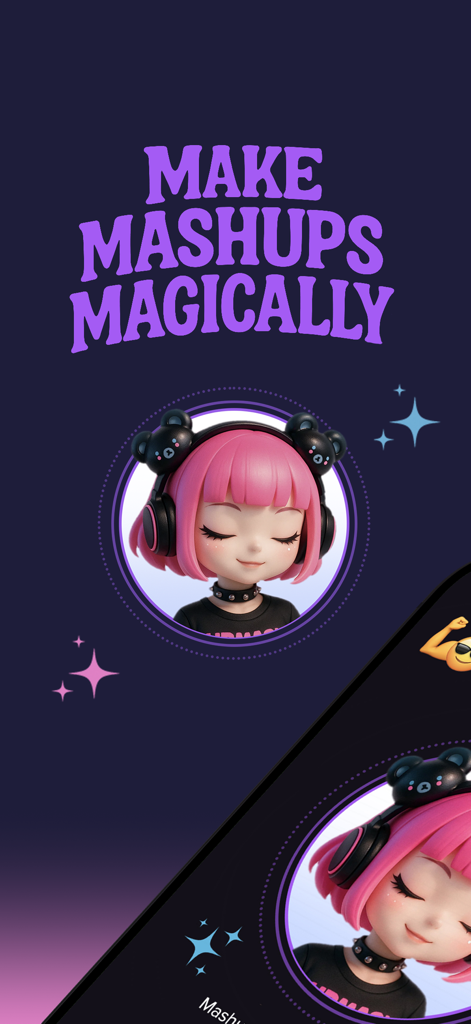 Tela promocional do aplicativo UPMASH com o texto Make Mashups Magically e um avatar 3D com cabelo rosa e fones de ouvido.