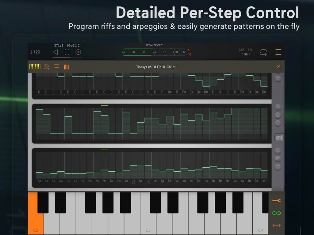 Interfaz de iPad de Thesys mostrando el control detallado por paso para secuenciación MIDI con un teclado de piano virtual.