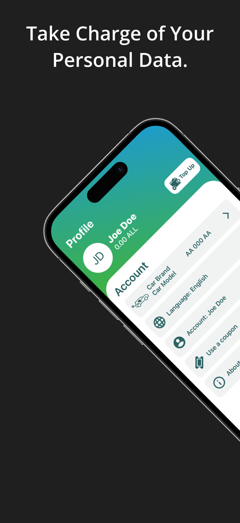 Pantalla del perfil de usuario de la aplicación iCharge que muestra los detalles de la cuenta y la configuración del vehículo para propietarios de vehículos eléctricos.