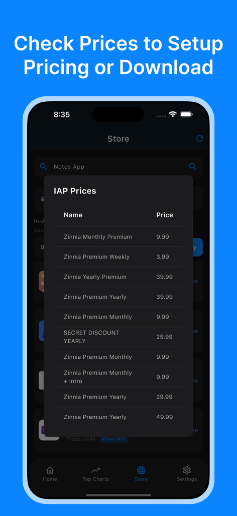AppSpy: Ranking & App Tracker - Interface móvel mostrando uma lista de preços de compras no aplicativo para um aplicativo específico para ajudar os desenvolvedores a definir sua própria estratégia de preços