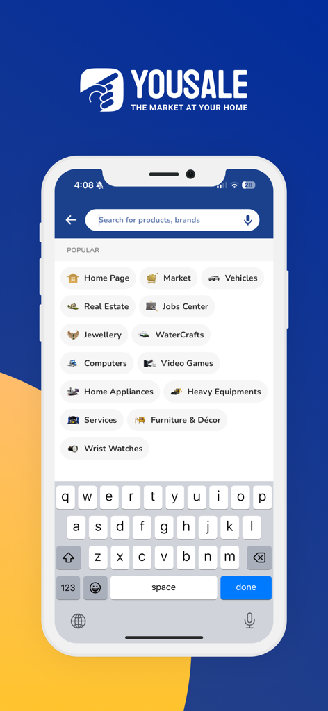 YouSale يوسيل - Mobile screen showing the YouSale global marketplace app with search bar and shopping categories including vehicles and real estate