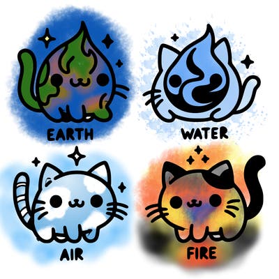 4 cats that represent the different elements, earth, water, air, and fire