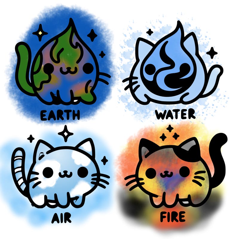 4 cats that represent the different elements, earth, water, air, and fire