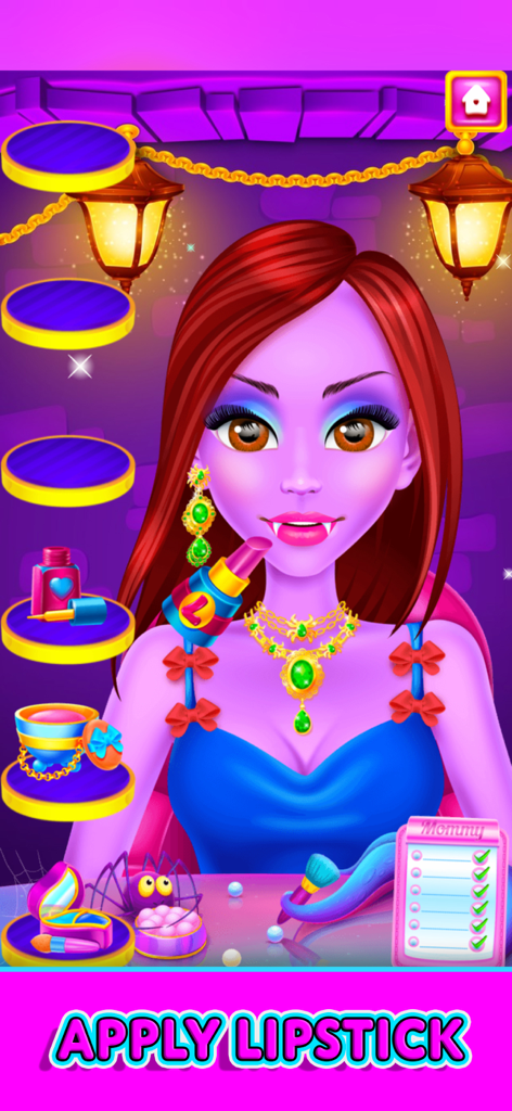 Aplicando lápiz labial rosa a un personaje de mamá monstruo morada en un juego de salón de belleza