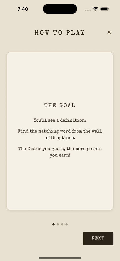 DEFINED. - DEFINED. 단어 게임의 플레이 방법 화면으로 게임 목표와 메커니즘을 설명합니다.
