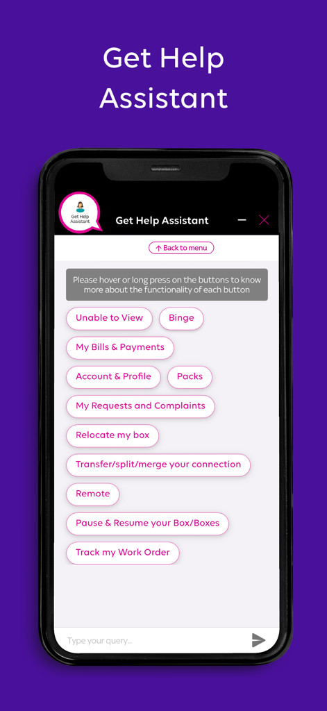 Tata Play - Live TV & DTH Pack - Tata Play 모바일 앱 고객 지원 인터페이스, 도움말 지원 챗봇 및 다양한 도움말 주제 포함