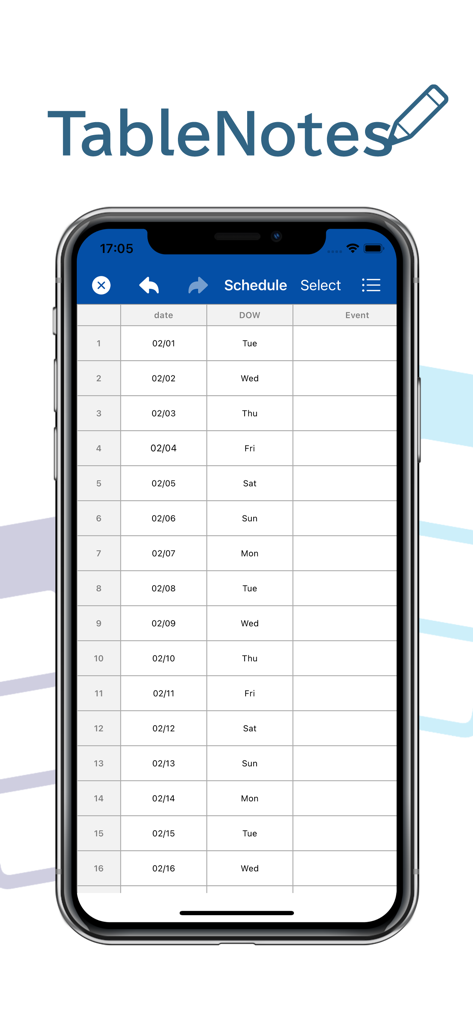 Table Notes Spreadsheet maker - Interfaccia dell'app Table Notes che mostra una tabella di pianificazione con date e giorni della settimana su un dispositivo mobile.