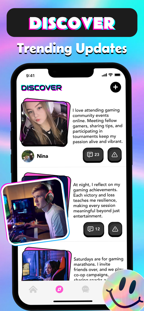 Roof: Live Video Chat & Girls - Captura de pantalla de la pantalla Descubrir de la aplicación Roof que muestra actualizaciones sociales de tendencia y perfiles de usuario