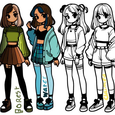 one girl with crop-top shirt and a jacket with a skirt, long socks and another girl with a shirt and pants with a jacket