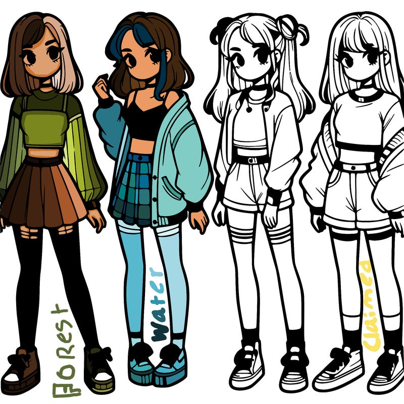 one girl with crop-top shirt and a jacket with a skirt, long socks and another girl with a shirt and pants with a jacket