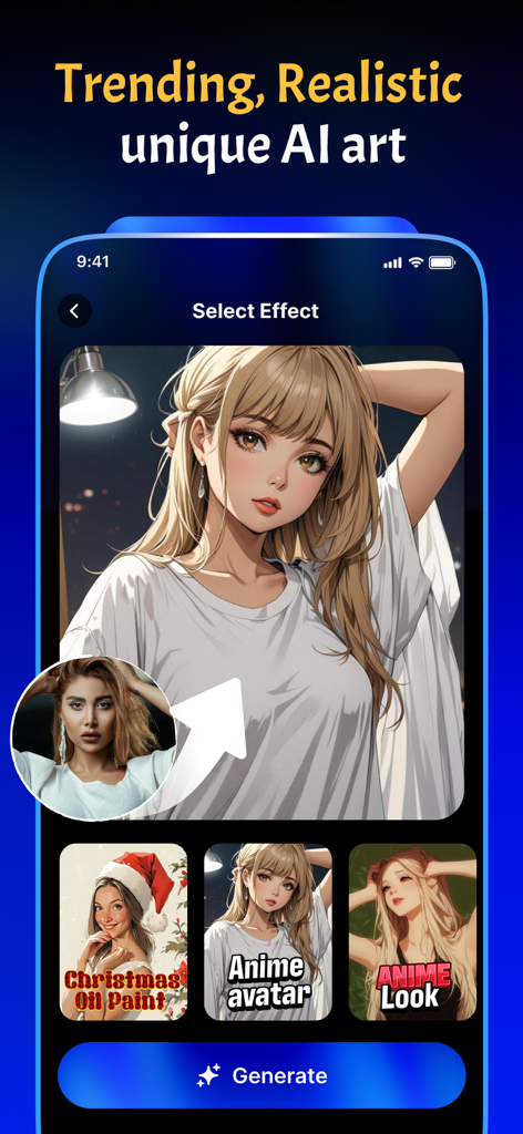 AI Video Creator - MagicVid.AI - MagicVid AI app interface showing a photo being transformed into an anime avatar.