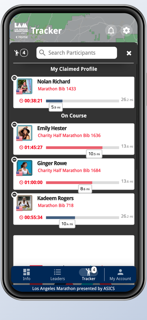 Real time participant tracking screen on the 2025 LA Marathon app