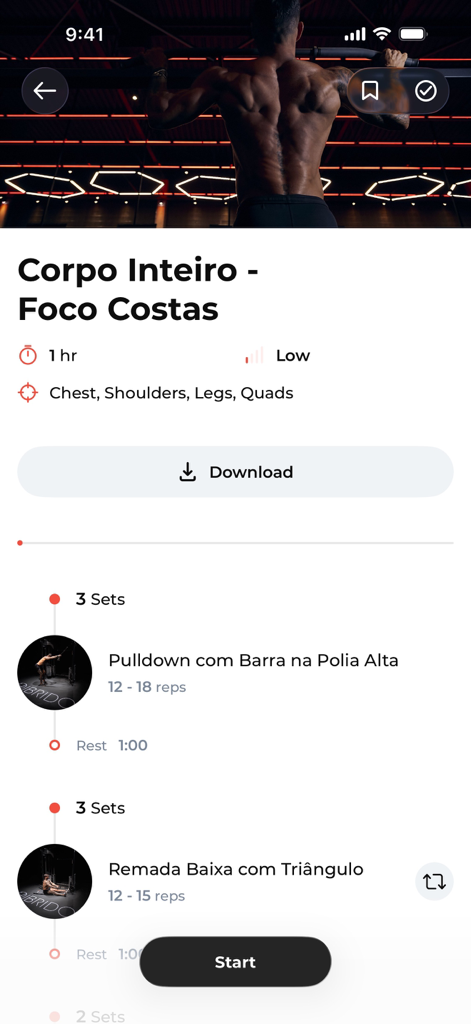 Hibrido+ - Interface do aplicativo Hibrido plus mostrando um plano de treino detalhado focado em costas com séries e instruções de exercícios