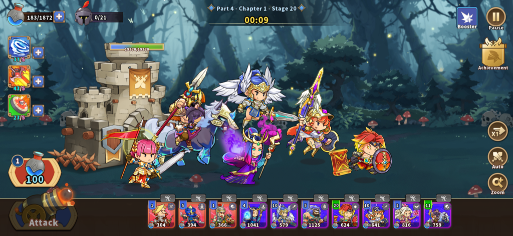 Captura de pantalla del juego de Castle War Defense mostrando héroes de fantasía defendiendo un castillo