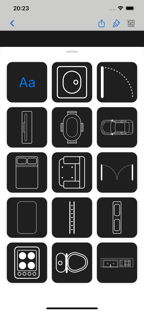 Uma coleção de ícones de móveis e arquitetura para criar plantas baixas 2D no aplicativo