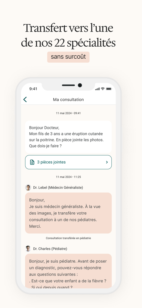 MedecinDirect | Consultez 24/7 - L'interface de chat de MedecinDirect montre un médecin généraliste transférant une consultation médicale à un pédiatre spécialiste.