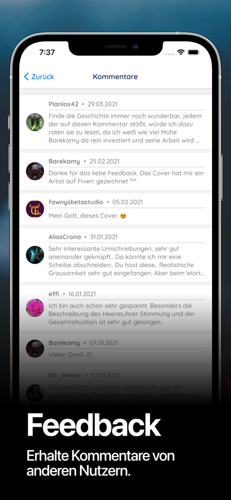 Storyban App Feedback-Bereich mit Benutzerkommentaren