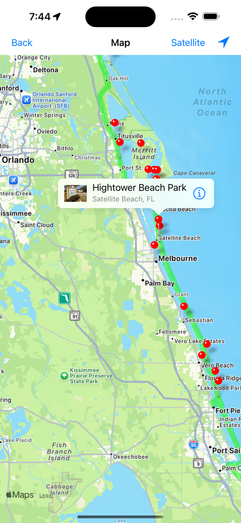 Florida's A1A - A map view of the Florida A1A app showing multiple points of interest pins along the coast and a detail card for Hightower Beach Park.