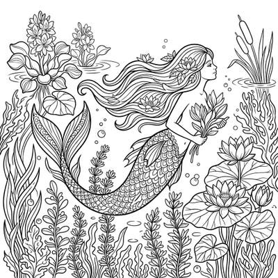 Discover the serene beauty of a graceful lake mermaid gliding through crystal-clear freshwater. This detailed coloring page invites you to bring a vibrant underwater world of aquatic plants and tranquil ripples to life.