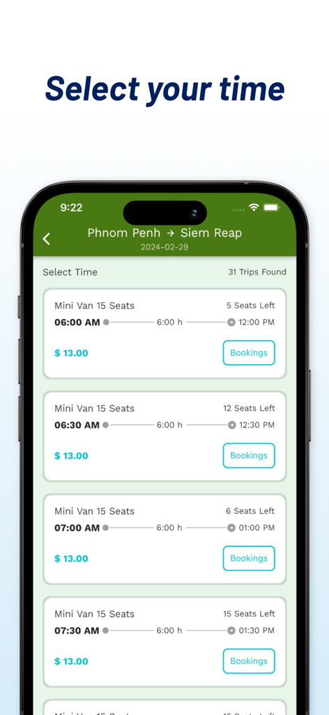 Larryta Bus app interface showing bus departure times and seat availability for travel between Phnom Penh and Siem Reap.