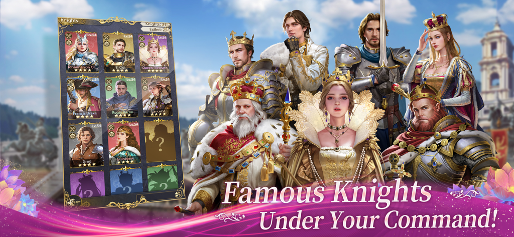 Kings Choice game characters showing famous knights and historical figures available for collection
