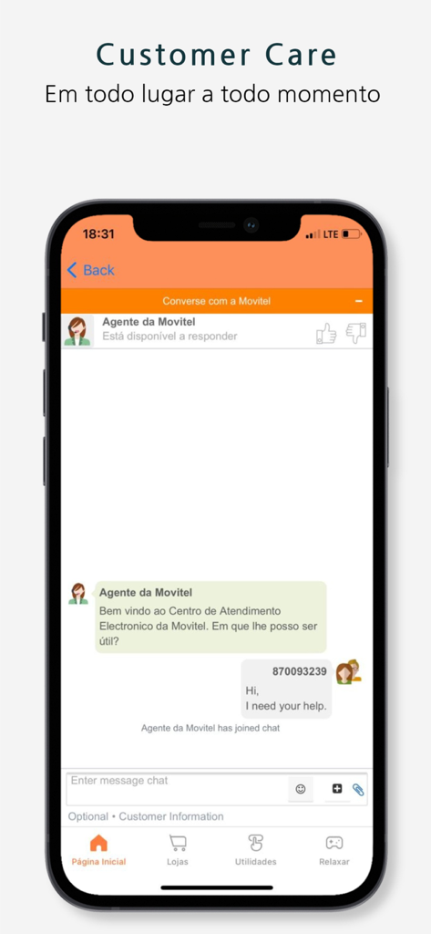 Tela de interface de chat de atendimento ao cliente do aplicativo Super Movitel