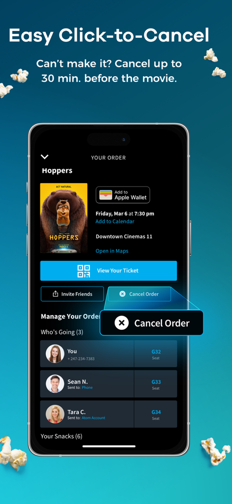 Interface of the Atom Tickets app showing the easy click to cancel order button for a movie ticket
