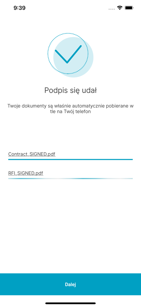 Una pantalla móvil que muestra una confirmación de firma digital exitosa con documentos PDF firmados listados