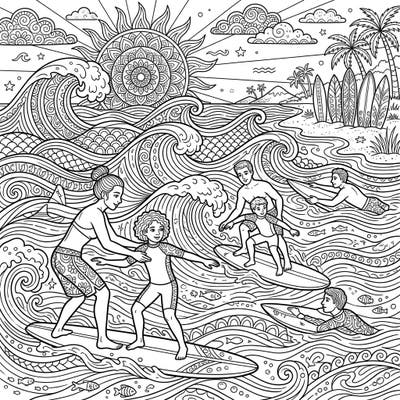 Immerse yourself in the world of surfing with this beautifully detailed adult coloring page. Featuring experienced instructors guiding eager learners, it offers a perfect escape to the ocean for mindful relaxation.
