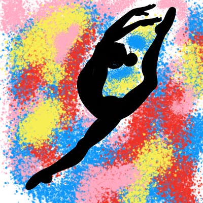 gymnast doing a leap in a leotard with a bent back leg