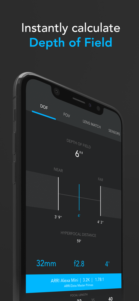 f8 Lens Toolkit - f8レンズツールキットアプリのインターフェース。ARRI Alexa Miniカメラの被写界深度計算を表示しています。