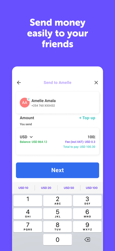 A screen in the Pyypl app showing a person sending money to a friend with a clear breakdown of the transaction amount and fees