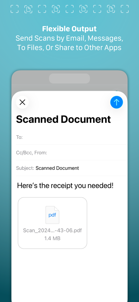 Simple Scan • Quick Scanner - Interfaccia che mostra le opzioni di output flessibili per l'invio di un documento PDF scansionato via email o messaggio.