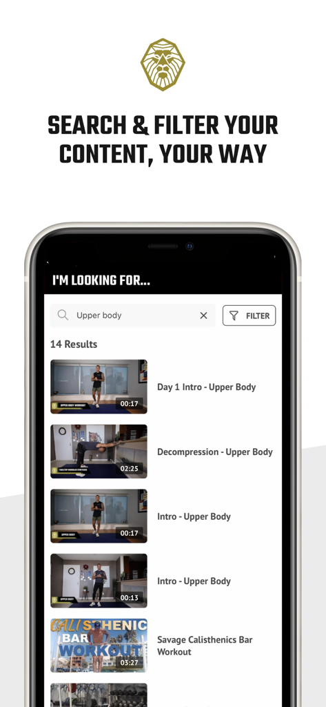 MV Fit by Michael Vazquez - Search and filter screen of the MV Fit app showing upper body workout videos